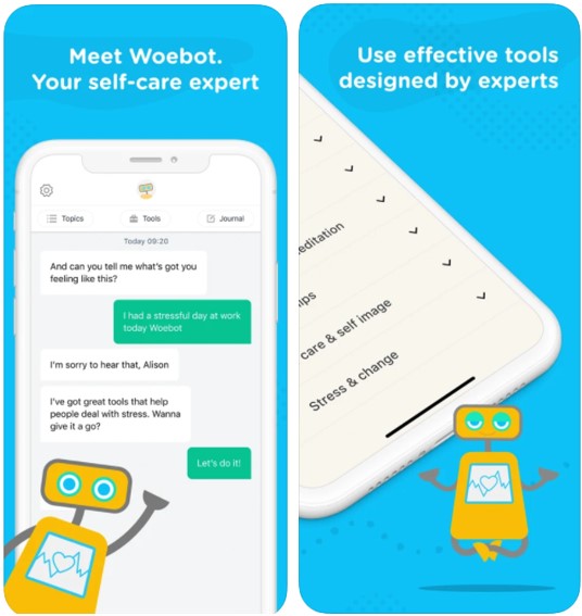 [그림 3] iOS 버전 Woebot Labs 앱의 채팅 화면 및 UI, 2021